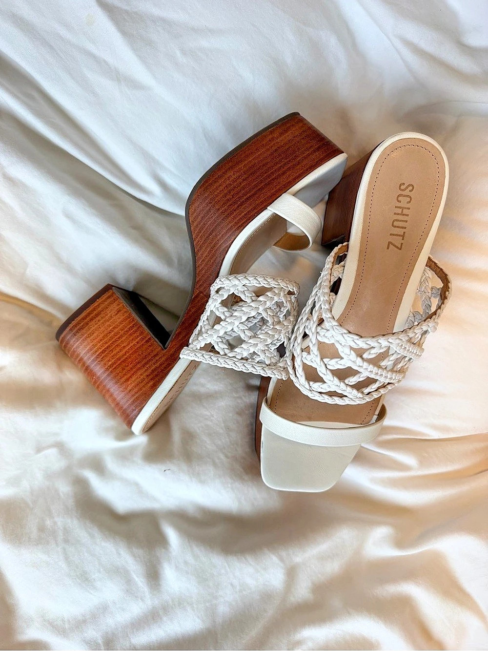 NWOT Schutz Rinna Mule Woven Heeled Sandals White & Brown US 10